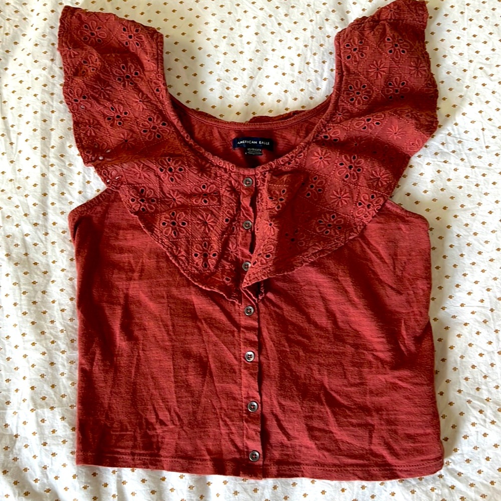 American Eagle Crop Top Sleeveless Terra Cotta Ruffle